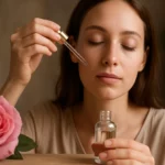 Žena používa ružový olej na tvár s ružou vedľa seba.