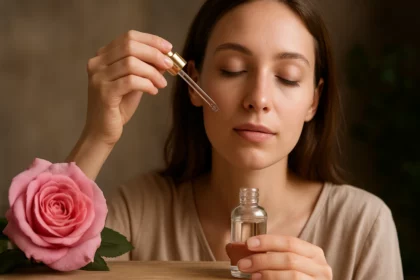 Žena používa ružový olej na tvár s ružou vedľa seba.