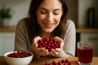Žena s brusnicami v rukách a pohárom brusnicového džúsu