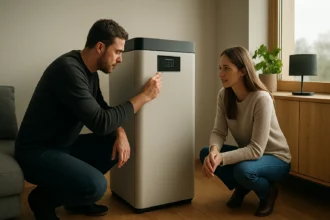 Pár kontroluje nastavenia akumulačnej pece v modernom interiéri.