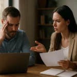 Dve osoby diskutujú o problémoch podnikania pri stole s notebookom.