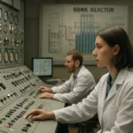 Pracovníci pri ovládacom paneli reaktora RBMK v laboratóriu