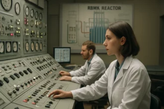 Pracovníci pri ovládacom paneli reaktora RBMK v laboratóriu