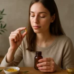 Žena drží kapsulu oleánovej kyseliny pred užitím.