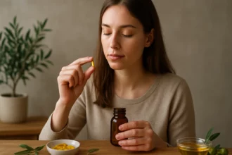 Žena drží kapsulu oleánovej kyseliny pred užitím.