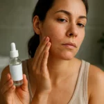 Žena s kyselinou salicylovou na pleti, ktorá bojuje proti akné.