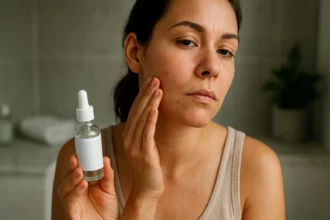 Žena s kyselinou salicylovou na pleti, ktorá bojuje proti akné.