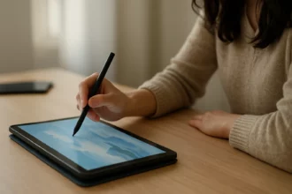 Žena používa S Pen na tablete pri kreslení