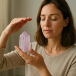 Žena medituje s ružovým minerálom kunzit pre emocionálne uzdravenie.