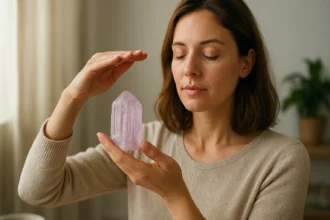 Žena medituje s ružovým minerálom kunzit pre emocionálne uzdravenie.