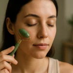 Žena používa jade valček na tvár na zlepšenie pleti