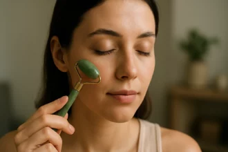 Žena používa jade valček na tvár na zlepšenie pleti