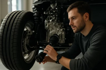 Muž skúma technológiu predného pohonu moderného auta.