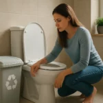 Žena skúma bio WC v modernom interiéri s recyklovateľným odpadkovým košom.