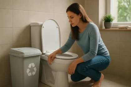 Žena skúma bio WC v modernom interiéri s recyklovateľným odpadkovým košom.