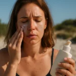 Žena nanáša opaľovací krém na tvár na pláži