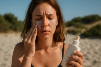 Žena nanáša opaľovací krém na tvár na pláži