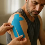 A therapist applying kinesio tape on a man's shoulder for pain relief.
