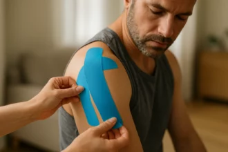 A therapist applying kinesio tape on a man's shoulder for pain relief.