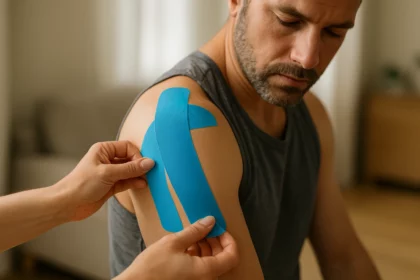 A therapist applying kinesio tape on a man's shoulder for pain relief.