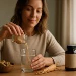 Žena pripravuje nápoj s ženšenom na podporu zdravia.