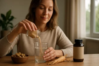 Žena pripravuje nápoj s ženšenom na podporu zdravia.
