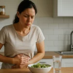 Žena má bolesti brucha pri jedle zdravého šalátu.