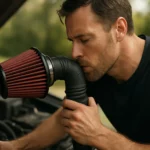 Muž kontrolujúci športový vzduchový filter pri aute