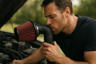 Muž kontrolujúci športový vzduchový filter pri aute