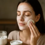 Mladá žena nanáša jedlú sódu na pleť pre prirodzený lesk.