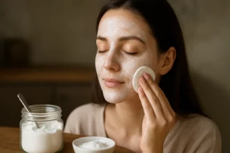 Mladá žena nanáša jedlú sódu na pleť pre prirodzený lesk.