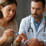 Žena kontrolujúca hladinu glukózy s lekárom počas porady.