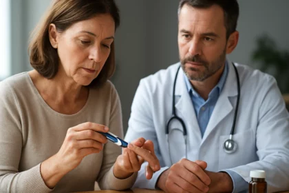 Žena kontrolujúca hladinu glukózy s lekárom počas porady.
