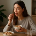 Žena konzumuje arašidy, zdravý snack pre lepšie zdravie.