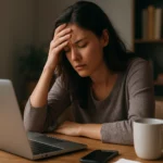 Žena za počítačom prejavuje stres a frustráciu.