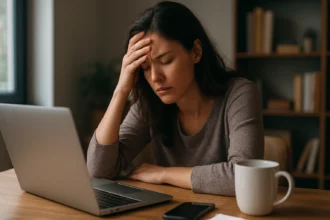 Žena za počítačom prejavuje stres a frustráciu.