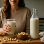 Žena drží pohár kešu mlieka pri miske so kešu orechmi
