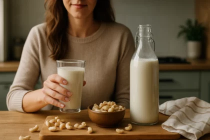 Žena drží pohár kešu mlieka pri miske so kešu orechmi