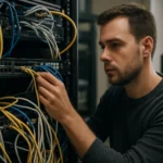 Technik pripojuje káble v serveri, dôležitý proces pre sieťovú administráciu.