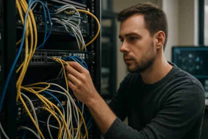 Technik pripojuje káble v serveri, dôležitý proces pre sieťovú administráciu.