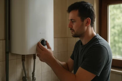 Muž nastavuje ohrievač vody FÉG V4 v domácnosti