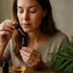 Žena s éterickým olejom z atlaského cédra v ruke, sústredená na aplikáciu.