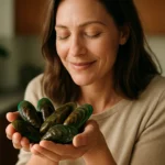 Žena s úsmevom drží zelené mušle v rukách