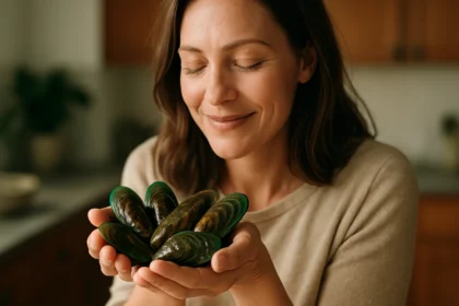 Žena s úsmevom drží zelené mušle v rukách