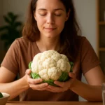 Žena drži karfiol a užíva si jeho výhody pre zdravie.