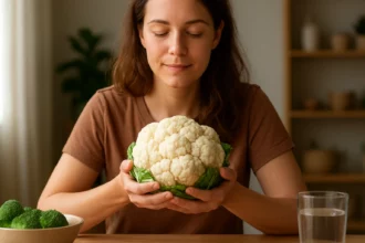 Žena drži karfiol a užíva si jeho výhody pre zdravie.