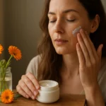 Žena nanášajúca nechtíkový krém na pokožku tváre