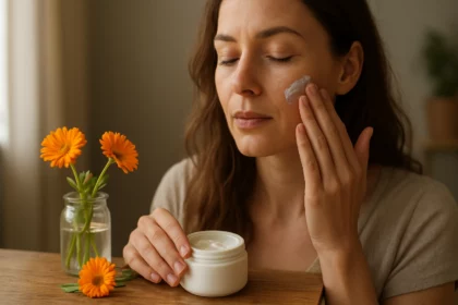 Žena nanášajúca nechtíkový krém na pokožku tváre