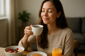 Žena si užíva rannú kávu s raňajkami, šálka kávy a zdravé jedlo.