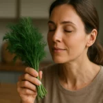 Žena cíti voňu čerstvého kôpru v kuchyni